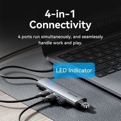 Хаб USB 3.0 Type-C -> 4xUSB 3.0/1xUSB-C, 5Gbps, Black Vention (TGZHB) [404633]