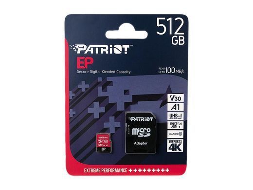 Карта пам'яті microSDXC (UHS-1 U3) Patriot EP Series 512Gb class 10 V30 (R-100MB/s, W-80MB/s) (adapter SD) (PEF512GEP31MCX) [802858]
