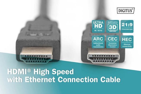 Кабель DIGITUS HDMI (M/M), High speed/Ethernet, 5м, чорний (AK-330107-050-S) [108525]