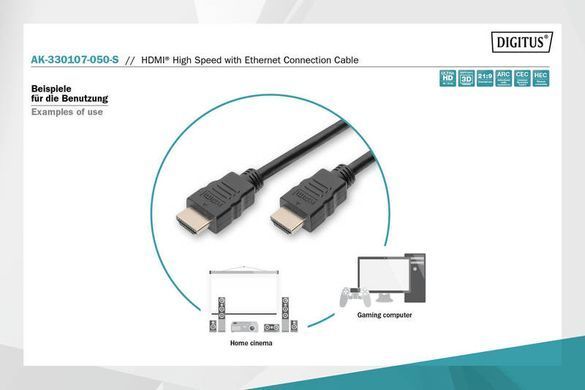 Кабель DIGITUS HDMI (M/M), High speed/Ethernet, 5м, чорний (AK-330107-050-S) [108525]