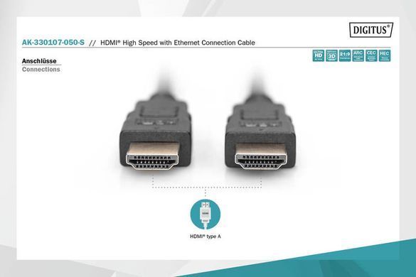 Кабель DIGITUS HDMI (M/M), High speed/Ethernet, 5м, чорний (AK-330107-050-S) [108525]