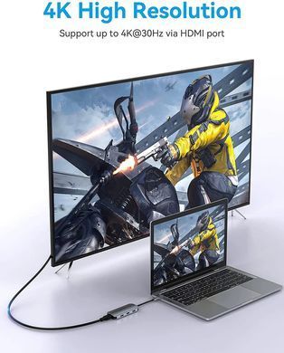 USB-хаб Vention USB-C to HDMI/USB 3.0x3/SD/TF/PD Docking Station Gray 0.15M Aluminum Alloy Type (TOJHB) [802755]