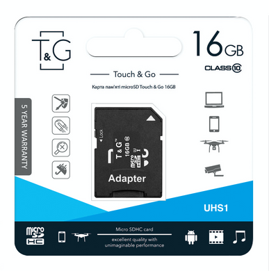Карта пам`ятi MicroSDHC 16GB UHS-I Class 10 T&G + SD-adapter (TG-16GBSD10U1-01) [611358]