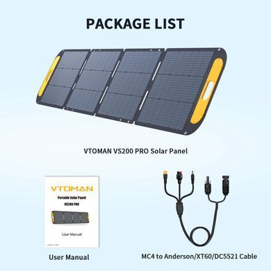 Сонячна панель Vtoman 200W 19V IP67 MC-4/Anderson/XT60/DC5521 (VS200) [404444]