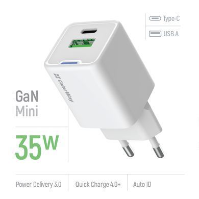 Мережевий зарядний пристрій ColorWay GaN Mini 35W PD Port PPS USB (Type-C PD + USB QC4.0) White (CW-CHS055PD-WT) [603366]
