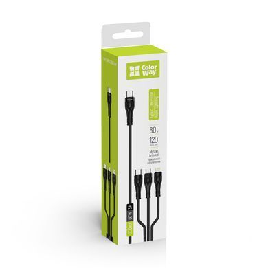 Кабель ColorWay Lightning + micro USB + USB Type-C (M/M), 3.0 А, 1.2 м, Black (CW-CBPDU3060-BK) [613612]