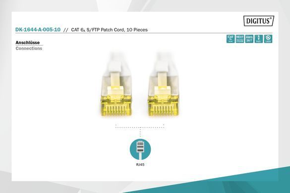 Патч-корд DIGITUS CAT 6a S-FTP, 0,5м, AWG 26/7, Cu, LSZH, сірий, 10шт. (DK-1644-A-005-10) [109903]