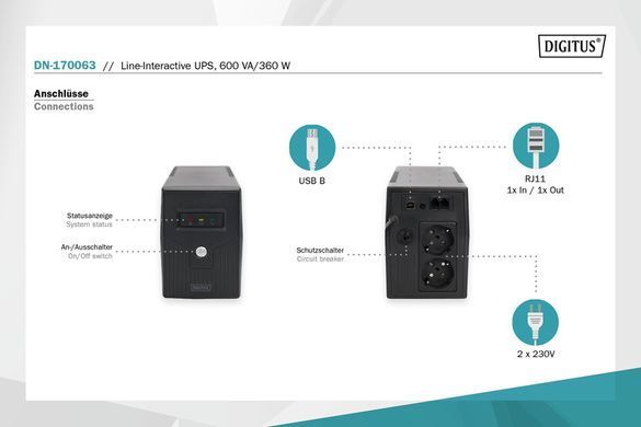 Лінійно-інтерактивне ДБЖ Digitus Line-Interactive 600VA/360W LED 2xSchuko RJ11 USB (DN-170063) [102968]