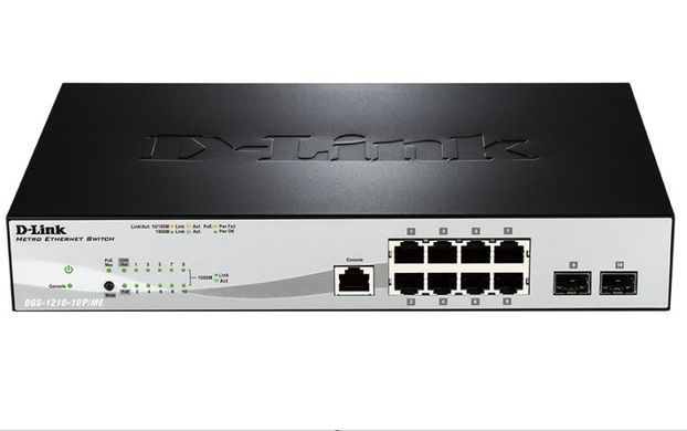 Комутатор D-Link 8x1GE PoE, 2xSFP(1G), Metro Ethernet (DGS-1210-10P/ME) [14828]