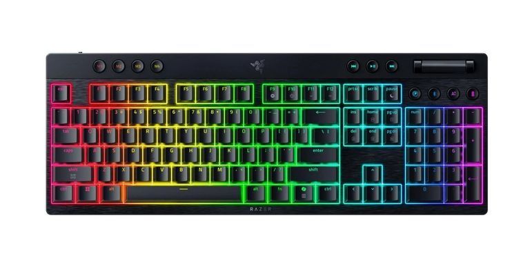 Клавіатура механічна Razer BlackWidow V4 Low-profile HyperSpeed, 104key, Green Switch, USB-A/WL/BT, EN, RGB, чорний (RZ03-05270100-R3M1) [113993]