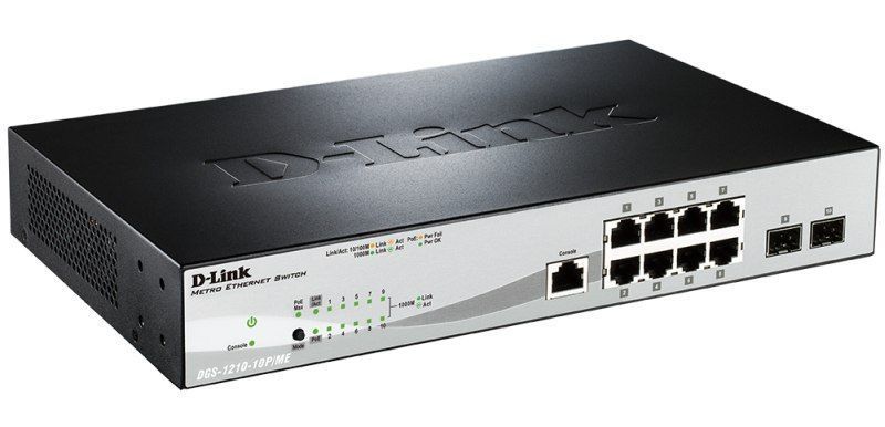 Комутатор D-Link 8x1GE PoE, 2xSFP(1G), Metro Ethernet (DGS-1210-10P/ME) [14828]