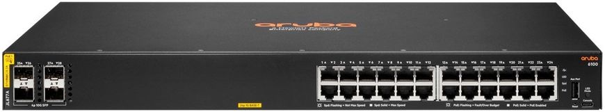 HPE Комутатор Aruba 6100, 24xGE, 4xSFP+ Ports, PoE Class 4 370W, LT Warranty (JL677A)