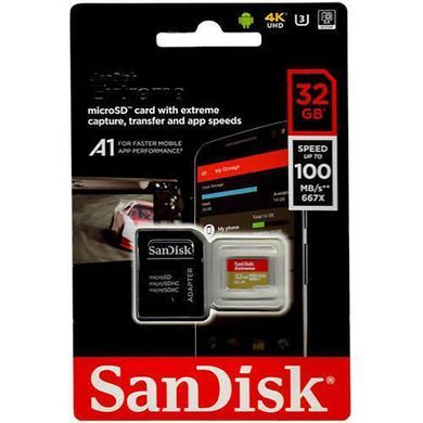 Карта пам'яті microSDHC (UHS-1 U3) SanDisk Extreme Action A1 32Gb class 10 V30 (R100MB/s, 667x) (adapter SD) (SDSQXAF-032G-GN6MA) [804425]