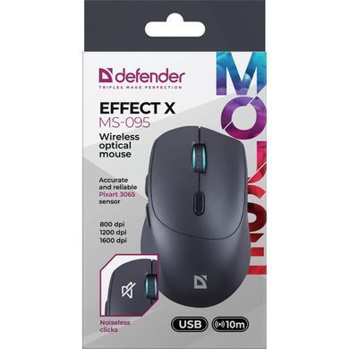 Мишка Defender Effect X MS-095, бездротова, 6 кн. до 1600 dpi, безшумна, чорна (52095) [401341]