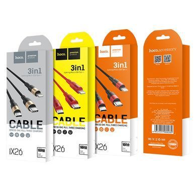 Кабель HOCO X26 USB to iP+Type-C+Micro 2A, 1m, nylon, aluminum connectors Black+Gold (6957531080275) [805250]