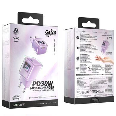 Зарядний пристрій 1xUSB-C 30W Gan A53 Fast Charger alfalfa purple Acefast (6974316282365) [402143]