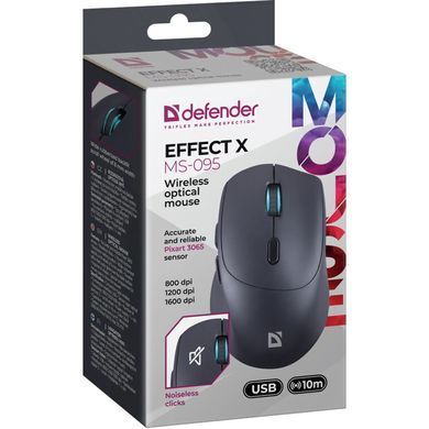 Мишка Defender Effect X MS-095, бездротова, 6 кн. до 1600 dpi, безшумна, чорна (52095) [401341]