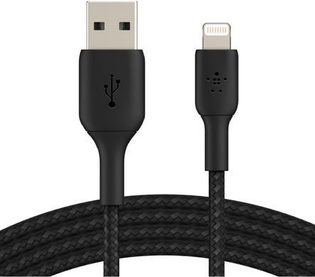 Кабель USB-A > Lightning заряджання/синхронізації Belkin 2м, 12Вт, плетений, чорний (CAA002BT2MBK) [108527]
