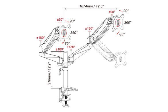 Кріплення DIGITUS Dual Monitor Clamp gas spring, 15-32", з нахилом, поворотом (DA-90353) [16995]