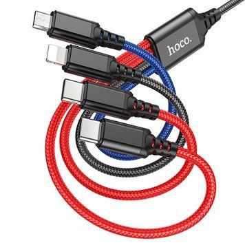 Кабель HOCO X76 USB to iP+Type-C+Type-C+Micro 2A, 1m, nylon, aluminum connectors Black+Red+Blue (6931474768650) [805251]