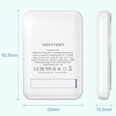 УМБ Vention Magnetic Wireless 5000mAh 20W 3A, PD 1xUSB-C,Light Indicator, White (FHSW0) [402222]