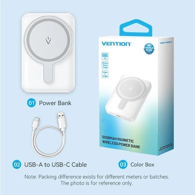 УМБ Vention Magnetic Wireless 5000mAh 20W 3A, PD 1xUSB-C,Light Indicator, White (FHSW0) [402222]