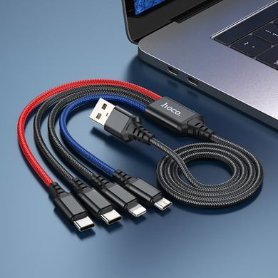 Кабель HOCO X76 USB to iP+Type-C+Type-C+Micro 2A, 1m, nylon, aluminum connectors Black+Red+Blue (6931474768650) [805251]