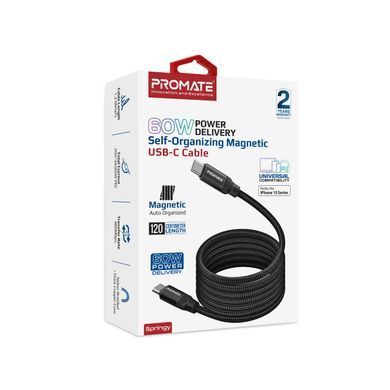 Кабель Promate Springy USB Type-C - USB Type-C (M/M), 3 A, 60 W, 1.2 м, Black (springy.black) [604303]