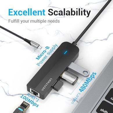 USB-хаб Vention USB-C to USB 3.0*3/RJ45/Micro-B HUB 0.15M Black ABS Type (TGPBB) [802757]
