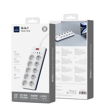 Мережевий подовжувач WIWU 14 in 1 20W GaN Power Strip 2C+2A+10AC Wi-S008 EU (2 m) White (6977703656268) [806492]