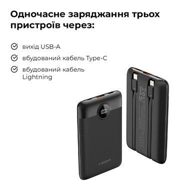 Зовнішній акумулятор VEGER 10000 mAh with built-in cables Type C / Lightning PD QC3.0 2A 22,5W C11 (W1170) black (VG-W1170) [805737]
