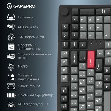 Клавіатура бездротова GamePro Asgard Drakkar Keychron Super Red Switch Black (MK305BK) [616474]