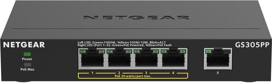 Комутатор NETGEAR GS305PP 5xGE (4xPoE), 83Вт, Некерований (GS305PP-100PES) [14961]