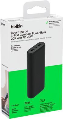 Акумулятор портативний літій-іонний Power Bank Belkin 20000мА&middot;год, 20Вт, 2хUSB-A/USB-C, чорний (BPB014BTBK) [108439]