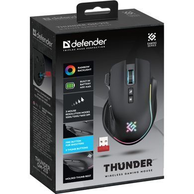 Мишка Defender Thunder GM-213, бездротова, ігрова, 8кн., 1600 dpi., 400 mAh, чорна (52213) [401331]