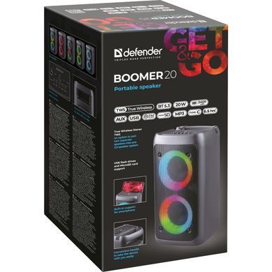 Акустична система 1.0 Defender Boomer 20, 20Вт Light/BT/FM/USB/AUX/MIC, чорна (65820) [405282]