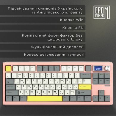 Клавіатура бездротова Epomaker Shadow-S TKL Wisteria Linear Switch Hot-Swap (2.4G/BT/USB) LCD Screen RGB UA Pink (SHS-P-WL) [614137]