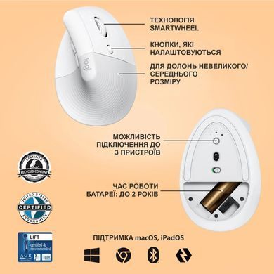 Миша бездротова Logitech Lift Vertical Ergonomic White (910-006475) [606451]
