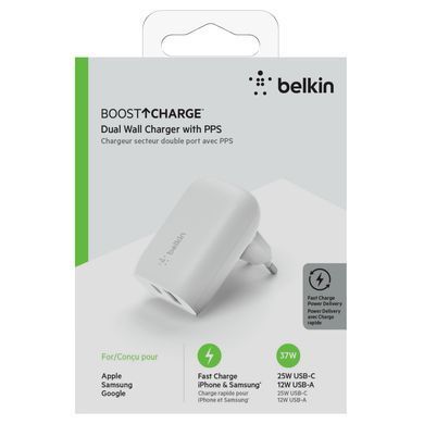 Зарядний пристрій мережевий Belkin 37Вт USB-C PD PPS 25Вт, USB-A 12Вт, білий (WCB007VFWH) [108886]
