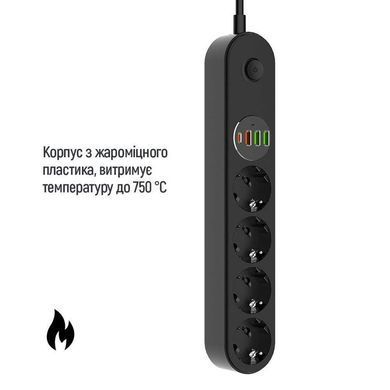 Фільтр живлення ColorWay 4 розетки, 4USB (Type-C PD20W + 3USB QC3.0) (45W), 2м, Black (CW-CHE44PDB) [612357]