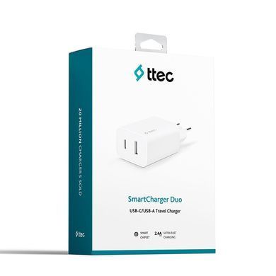 Мережевий зарядний пристрій Ttec SmartCharger Duo USB-C/USB-A 2.4А/12Вт White (2SCS25B) [603106]