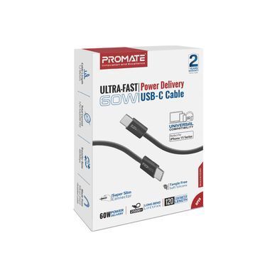 Кабель Promate EcoLine-CC120 USB Type-C - USB Type-C (M/M), 3 A, 60 W, 1.2 м, Black (ecoline-cc120.black) [604310]