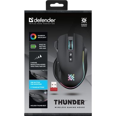 Мишка Defender Thunder GM-213, бездротова, ігрова, 8кн., 1600 dpi., 400 mAh, чорна (52213) [401331]