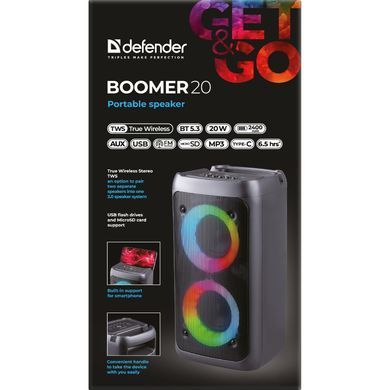 Акустична система 1.0 Defender Boomer 20, 20Вт Light/BT/FM/USB/AUX/MIC, чорна (65820) [405282]