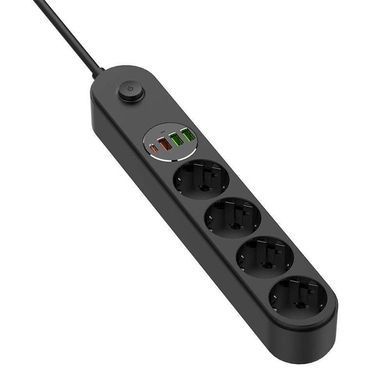 Фільтр живлення ColorWay 4 розетки, 4USB (Type-C PD20W + 3USB QC3.0) (45W), 2м, Black (CW-CHE44PDB) [612357]