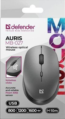 Мишка Defender Auris MB-027, бездротова, 3 кн. до 1600 dpi, безшумна, сіра (52029) [401243]