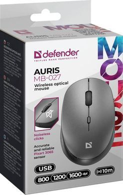 Мишка Defender Auris MB-027, бездротова, 3 кн. до 1600 dpi, безшумна, сіра (52029) [401243]