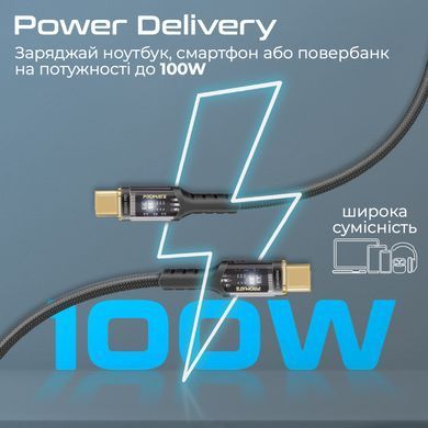Кабель Promate Lucidline-CC200 USB Type-C - USB Type-C (M/M), 5 A, 100 W, 2 м, Black (lucidline-cc200.black) [604304]