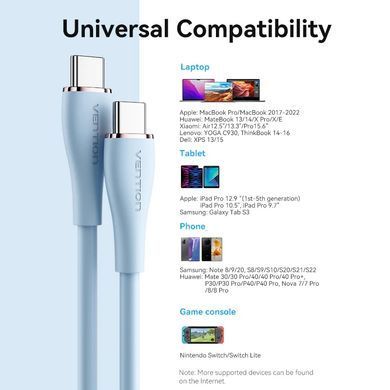 Кабель USB 2.0 Type-C M - 2хType-C M Y-Splitter 1.5м 100W Blue Silicone Type Vention (CTMSG) [402460]