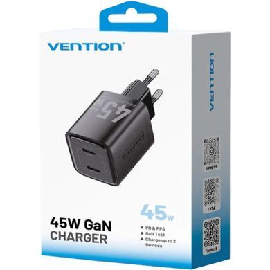 Зарядний пристрій 2xUSB-С 45W GaN чорний Vention (FEFB0-EU) [404506]
